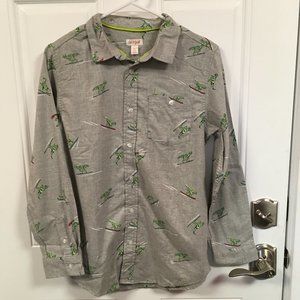 Boy’s Cat & Jack Gray Skiing Dinosaur Long Sleeve Button Down Shirt L (Husky)